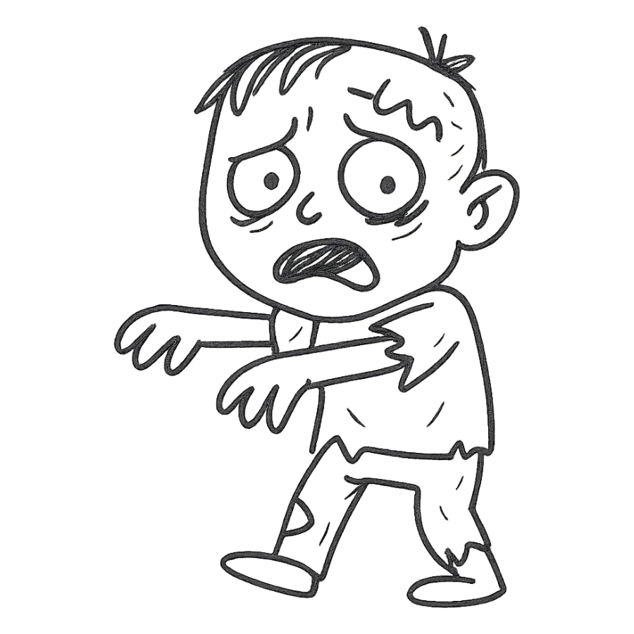 zombie boy, hand drawn black outline, expressive face, green skin, tattered clothes sticker