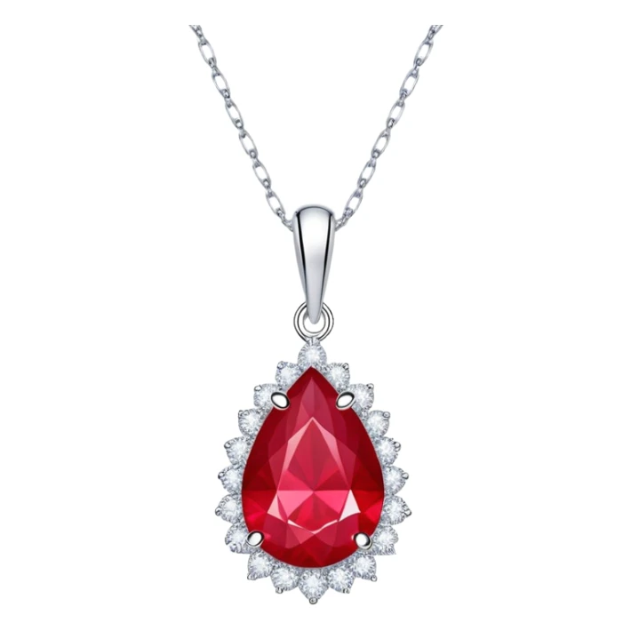 teardrop ruby pendant with silver chain and white stones, radiating luminous aura sticker