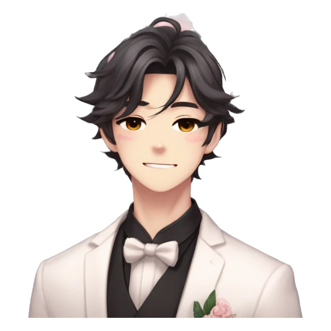 Gorgeous romantic anime style Asian formal modern gentlemanly guy with cat ears and flowers and blushing face aesthetic trending style outside sticker