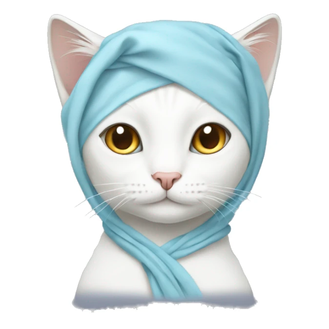 White female cat wearing a light blue wrap around headscarf with long eyelashes sticker