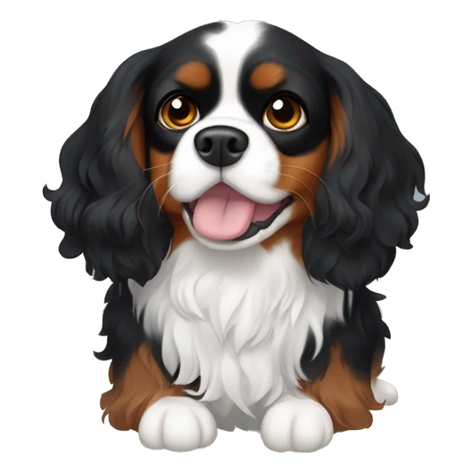 A small Cavalier King Charles Spaniel mix with black, wavy fur, white markings on the chest and muzzle, expressive eyes, and a fluffy tail. sticker