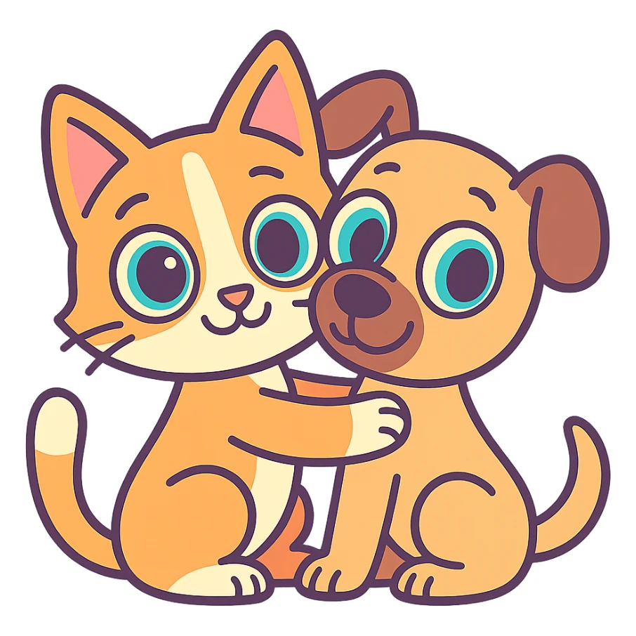 cartoon style cat hugging dog, big eyes, pastel tones sticker