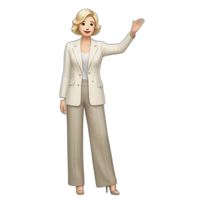 Full height Actively gesturing with hands pale skin woman with ash blonde Straightened bob Hair, White Spacious classical jacket, beige palazzo Arrow pants and gray blouse sticker