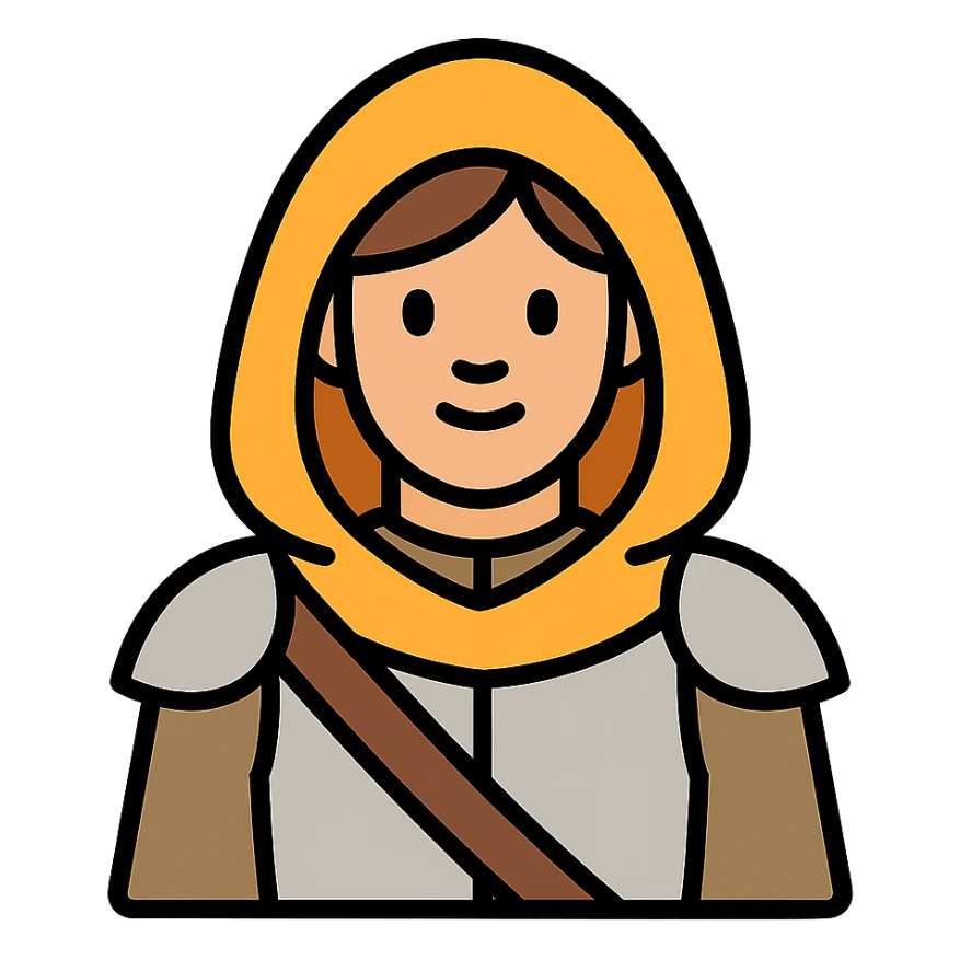 medieval hooded explorer with brown hair, no beard, wearing light armor, chest up view sticker