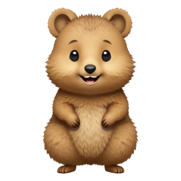cinematic-quokka-realistic-emoj,-small-round-frame-balanced-on-tiny-strong-hind-legs,giant-fluffy-cheeks-large-smile-fluffy-brown-fur-radiating-a-warm-softness,-big-round-eyes-filled-with-joy, realistic emoji sticker