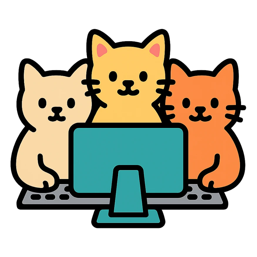 three cats sitting at a computer, color icon style sticker