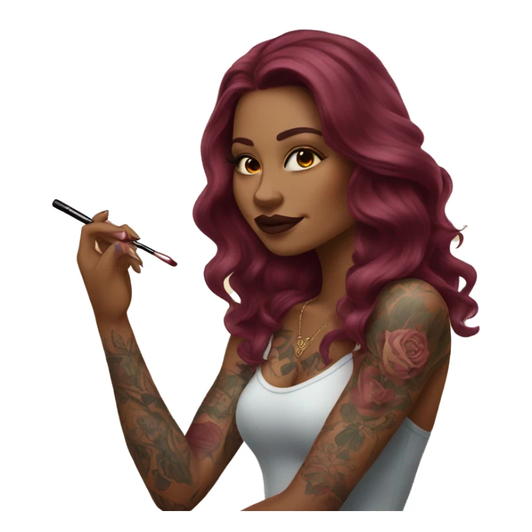 Beautiful tattooed burgundy long haired woman doing her makeup sticker