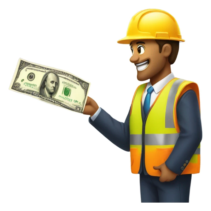 A construction worker giving money to a man in a suit.  sticker