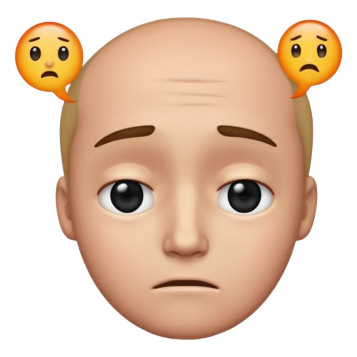 Sad, confused, emoji face not human, black eyes, write the text PION! on forehead sticker