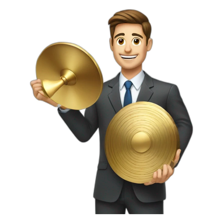 Business man holding a gong sticker