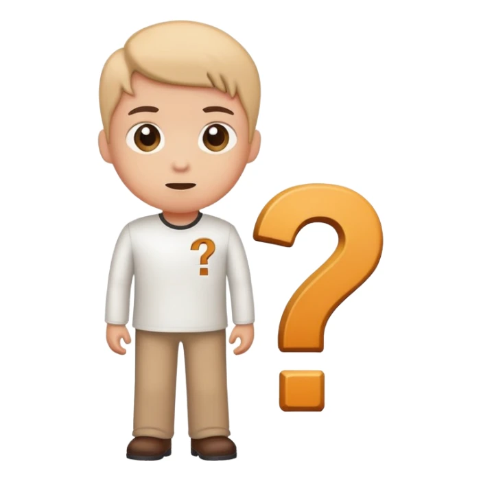 young character standing with a small help icon or question mark above their shoulder sticker