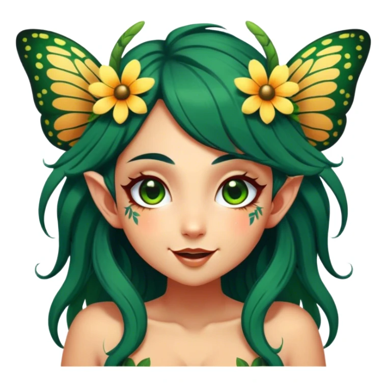 Cinematic Realistic Forest Fairy Portrait, head tilted dramatically with an exaggeratedly amused expression, featuring a striking, nature-infused form with glowing, sun-kissed tanned skin and vividly detailed dark green hair adorned with floral accents. Her expressive eyes brim with playful forest mischief, rendered with vibrant, lifelike textures and dynamic dappled lighting that conveys a spirited, over‐the‐top woodland whimsy showing her large butterfly wings from her back. sticker