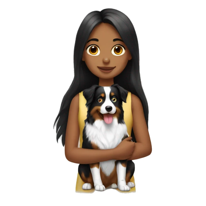 a girl with long black hair holding an Australian shepherd sticker
