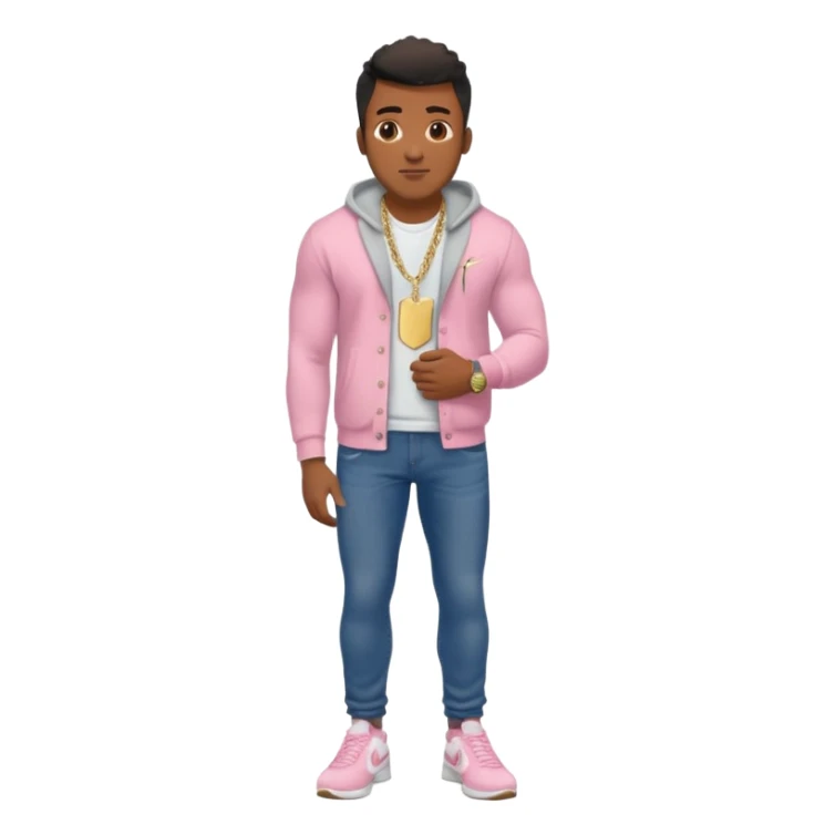 Handsome Black guy with brown skin tone, with muscular build, wearing dark denim jeans, a white t-shirt, pink and gray fuzzy cardigan, white Nike sneakers, a gold watch, and a dainty chain sticker