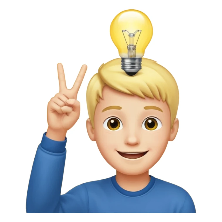 A boy with smily face with victory sign and bulb is glowing above face sticker