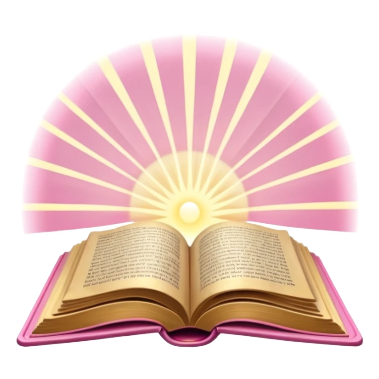 An open pink book with glowing light rays emerging from its pages, magical atmosphere, sticker