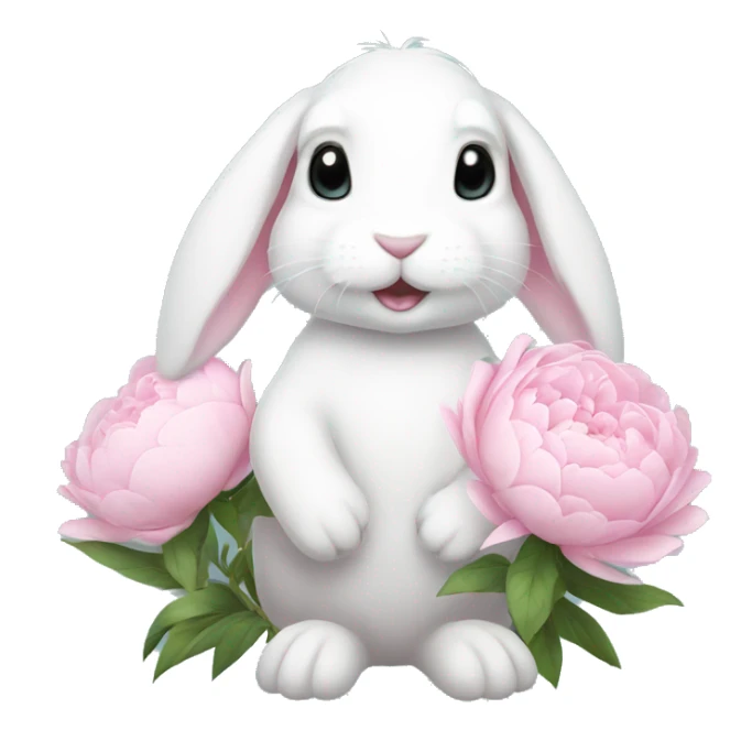 cute white bunny holding light pink peonies sticker