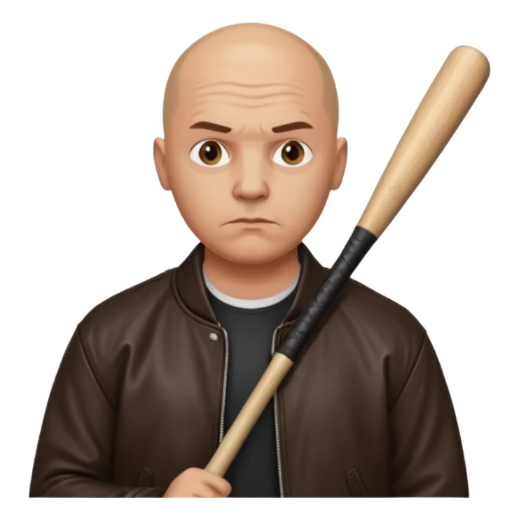 Bald Russian 1990s gangster emoji, leather jacket, , serious face with a bat sticker