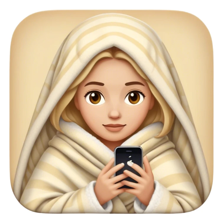 realistic modern woman in cozy blanket with iPhone, modern iPhone style emoji sticker