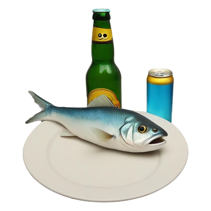 A fish on a plate next to two bottles of beer ￼ sticker