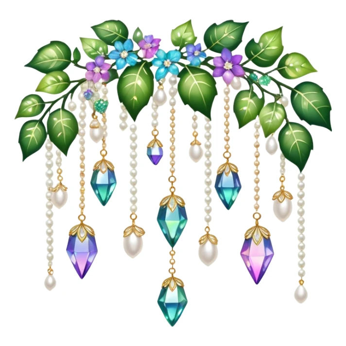 Exotic romantic Few cute tiny Iridescent glistening glossy sparkly shiny glittery hanging crystals pearls and beads and gemstones scenery scenic decorations with ivy and flowers sticker
