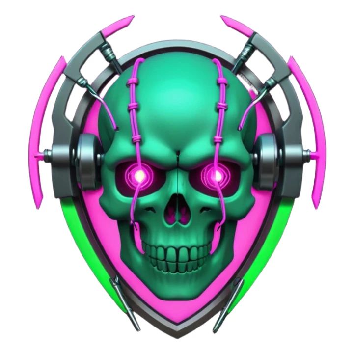 Cyberpunk shield, skull with cybernetic implants, glowing wires, dark electric pink and grenn, black tones, no background sticker