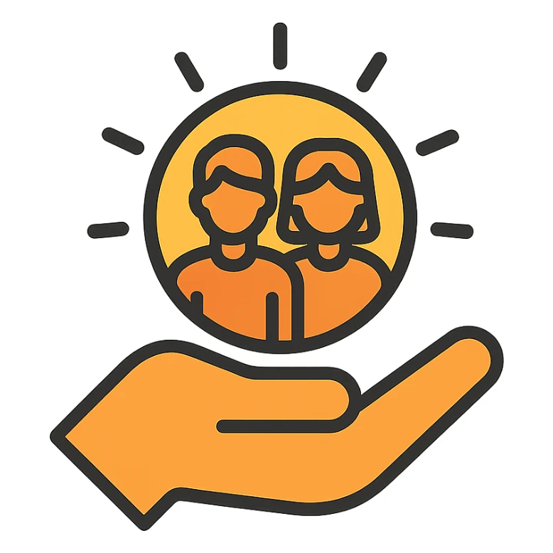 open hand holding a sun with young people silhouettes, hope and support, minimal design, warm yellow and orange tones, empowering futures of the youth sticker
