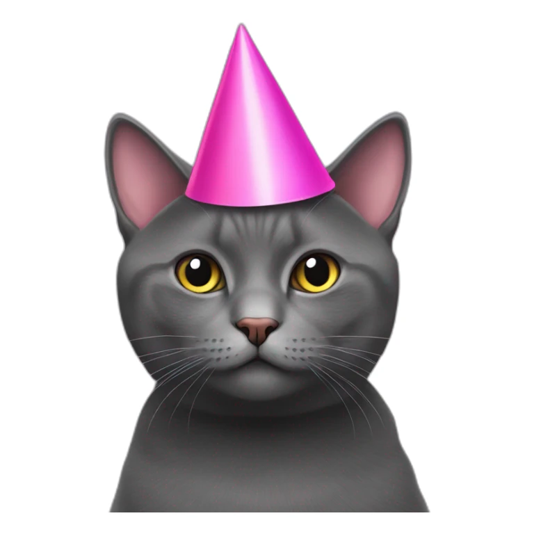 Dark Grey British short hair cat wearing a pink party hat sticker