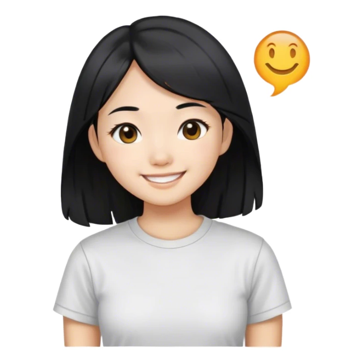 an asian girl with straight black hair, slight waves, smiling, wearing tshirt sticker