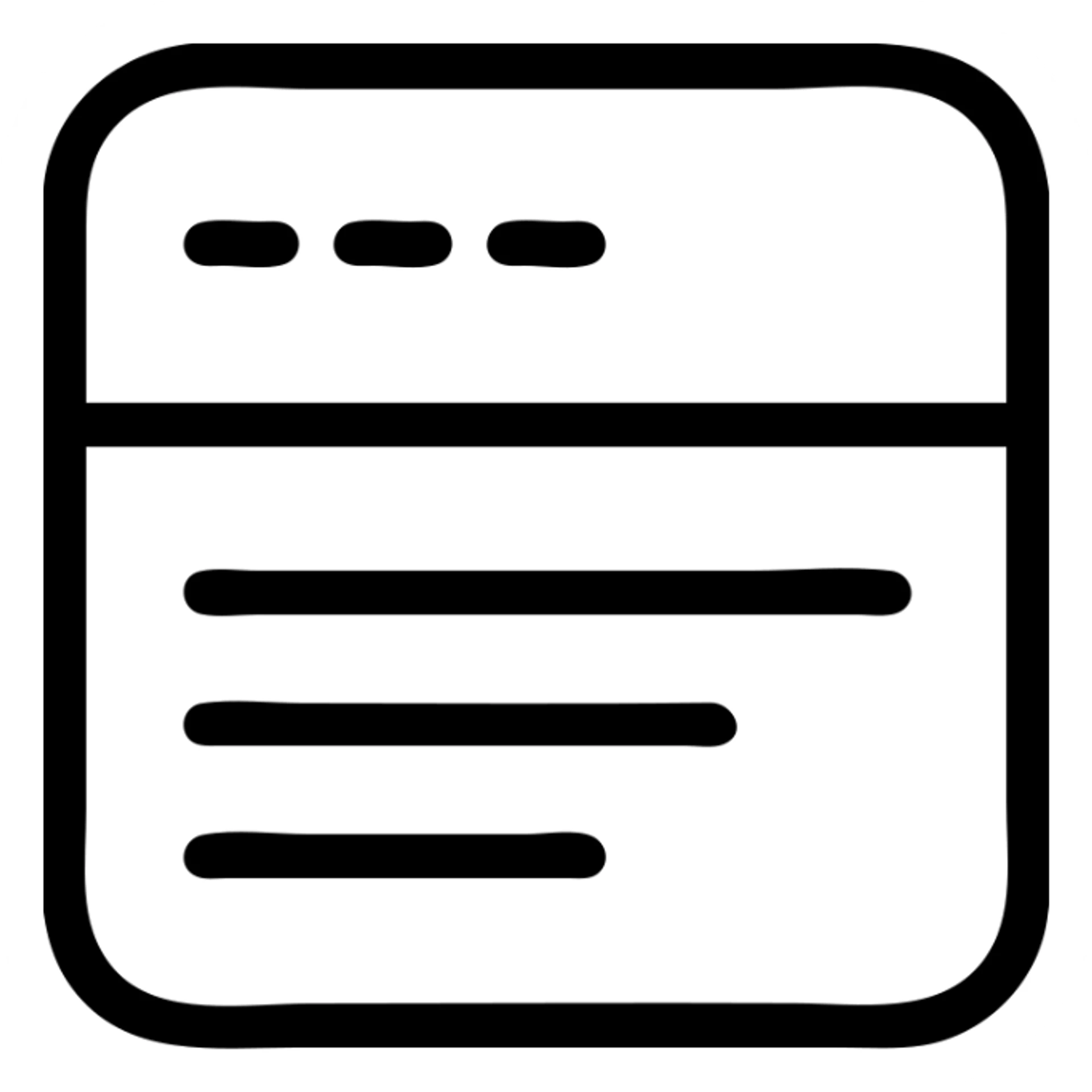 minimalistic bold black-and-white icon of a simple card with four dashes and horizontal lines, clean geometric lines, inspired by Netflix UI, square, flat, no gradients, vector style, suitable for dark and light mode sticker