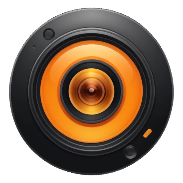 A round camera lens, apple emoji style, minimalist, with highlights, orange sticker