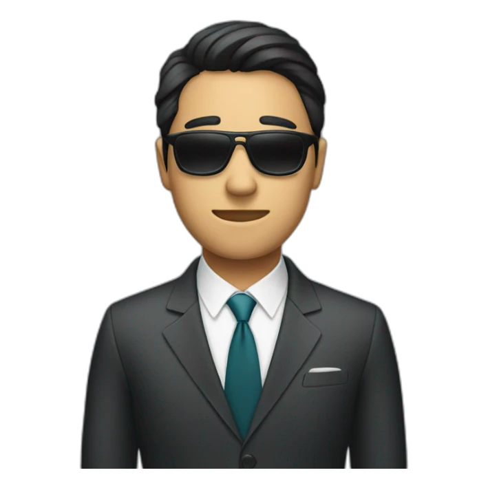 A person wearing a mask, sunglasses, and a suit with straight eyebrows sticker