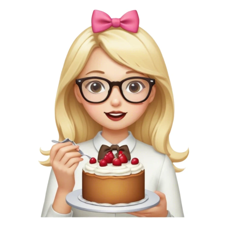 Blonde girl with glasses and a bow is eating a cake sticker