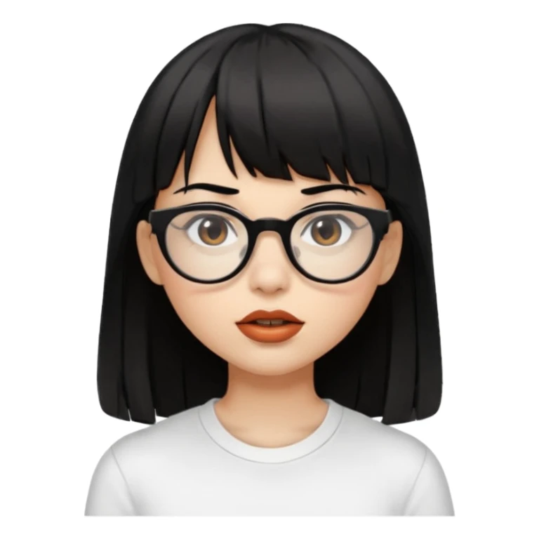 uma mulher snapchat icon, cor da pele normal, cabelo preto liso solto médio com franja, óculos pretos, piercing na boca e nariz, olhos castanhos, camisa branca sticker