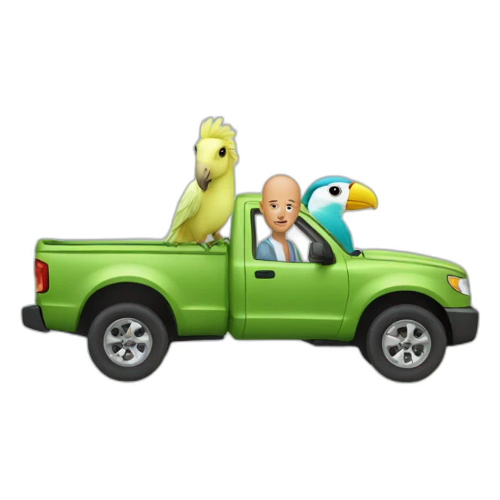 a bald man, a horse and a parakeet in a truck sticker