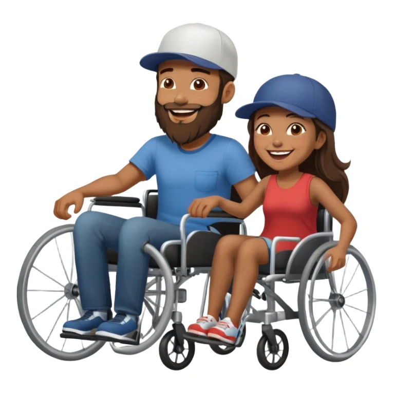 Tan skinned man with a beard and fitted cap in a wheelchair and a brown skinned woman with long dark hair in a wheelchair laughing  sticker