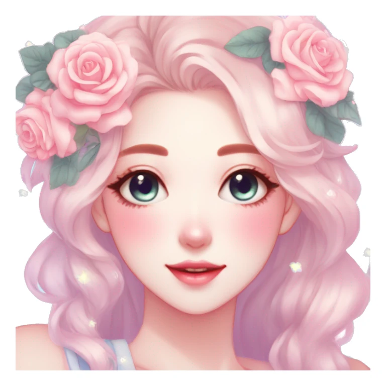 Gorgeous pastel anime style lady with blushing face and roses cottagecore fairycore pastelcore shiny colorful pearly aesthetic trending style sticker