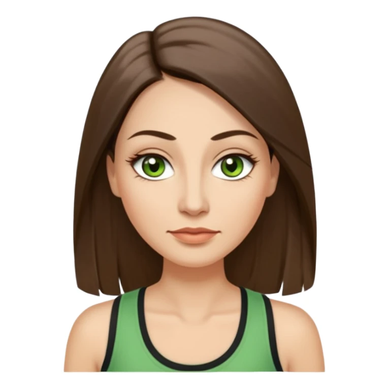 43 year old Adult woman avatar, light skin tone, long, oval face, long straight ashy brown hair, green almond-shaped eyes with dramatic eyelashes and minimal eyeliner, neutral mouth, medium straight eyebrows, average nose, smooth skin, high-neck tank top  sticker