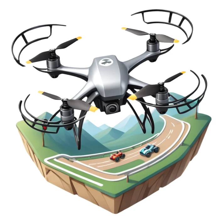 An icon showing a racing quadcopter drone in the foreground, flying at high speed through a course filled with obstacles and checkpoints. Other drones zoom in the background over a dynamic landscape. Transparent background highlights the thrill and precision of drone racing. sticker