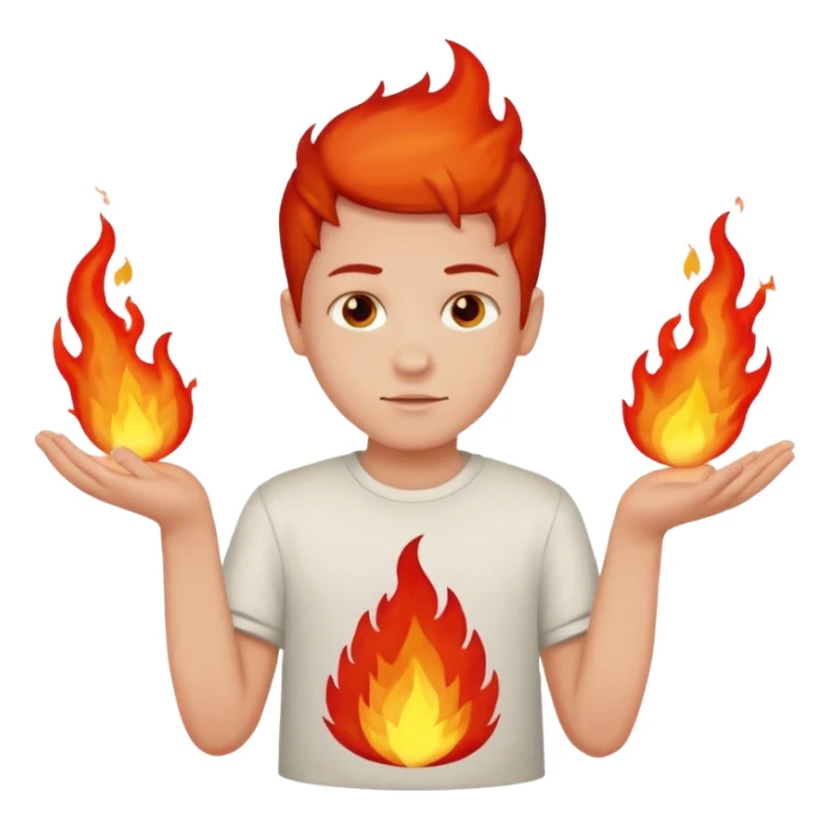 A boy with no hands fire instead made out of red fire and the boy is wearing a shirt that says FIRE C sticker