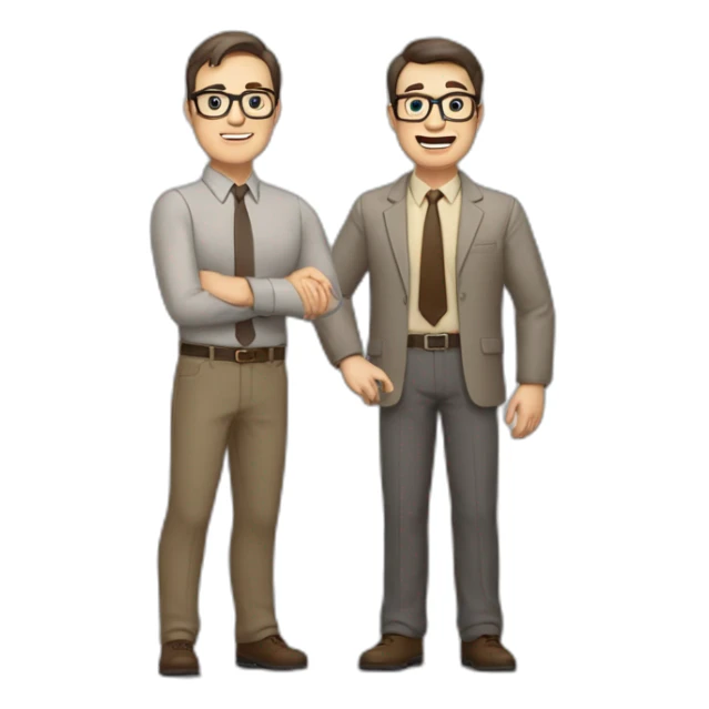To belt Actively gesturing with hands Pale skinned fit man teacher with dark brown hair in gray jacket, beige office shirt, brown tie, brown pants and vintage glasses. sticker
