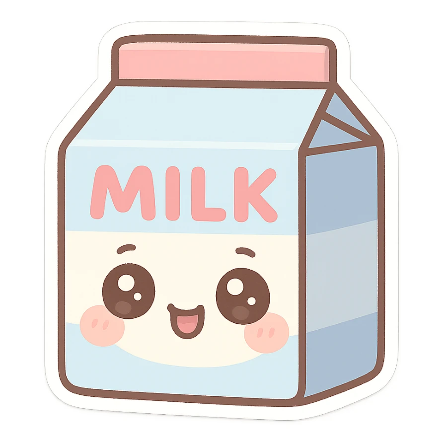 chibi sticker-style milk carton, cute and exaggerated sticker