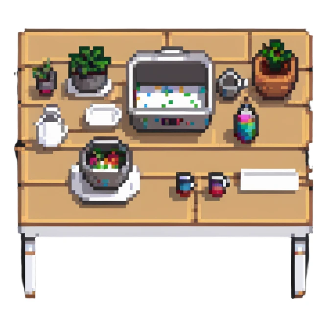 rectangle kitchen table with white legs and light wood top in pixel art style sticker