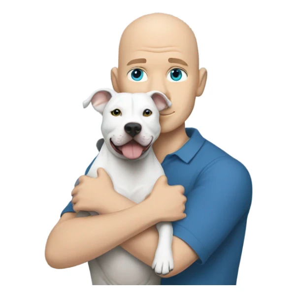 bald white man with blue eyes hugging fully grey pit bull sticker