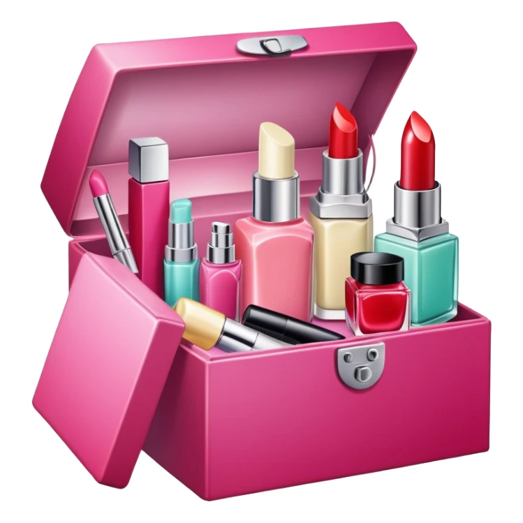 an open box overflowing with beauty products, including lipstick, face cream, and a perfume bottle sticker