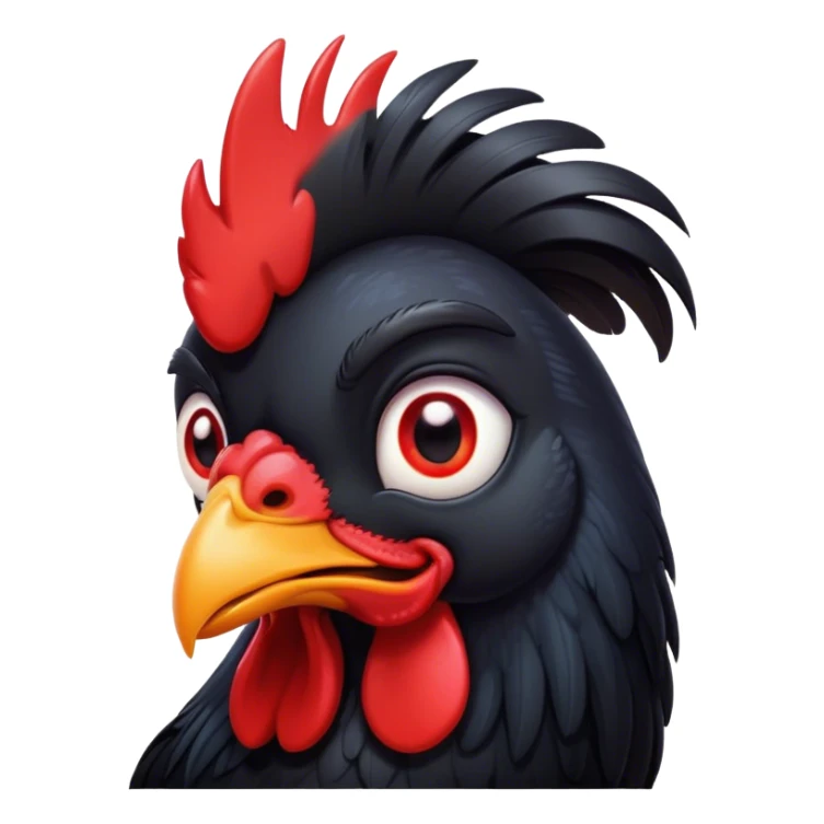 Cinematic Cute Black Rooster Portrait Emoji, Head tilted playfully and inquisitively, featuring a glossy, immaculate black plumage with a vibrant red comb, round, sparkling eyes filled with curiosity, Simplified yet irresistibly adorable features, highly detailed, glowing with a warm, friendly glow, high shine, affectionate and spirited, stylized with a touch of farmyard whimsy, bright and endearing, soft glowing outline, capturing the essence of a mischievous yet loving rooster, so playful it feels like it could strut out of the screen and into your arms! sticker