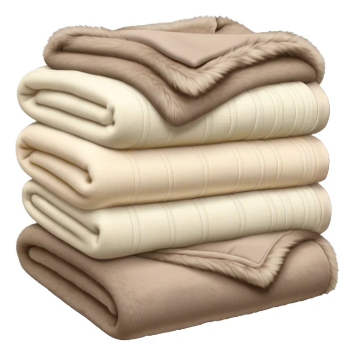 Stack of folded luxury blankets, cream-colored knit and taupe fur sticker