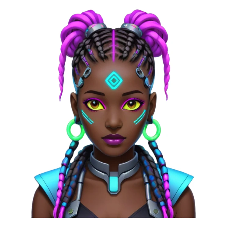 Cyberpunk African woman with futuristic braids, neon glowing accessories, tech implants, and vibrant colors sticker
