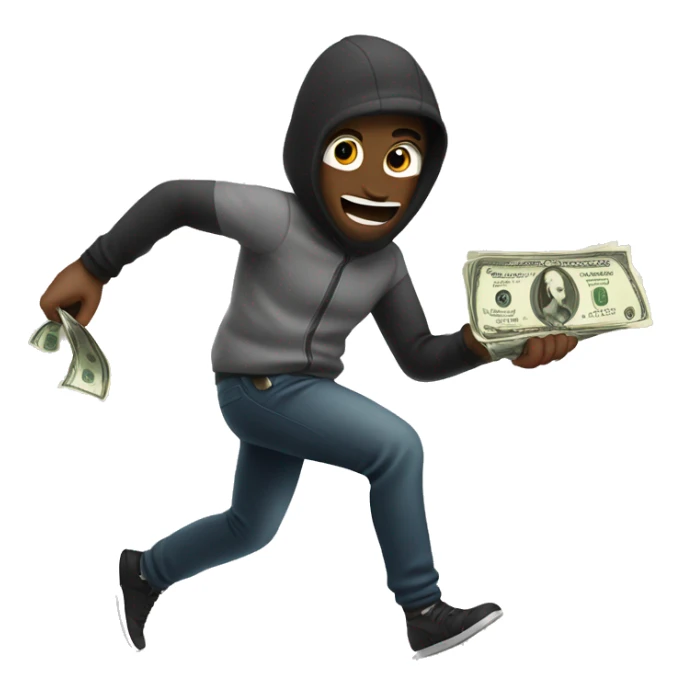 Robber holding abad of money and running sticker