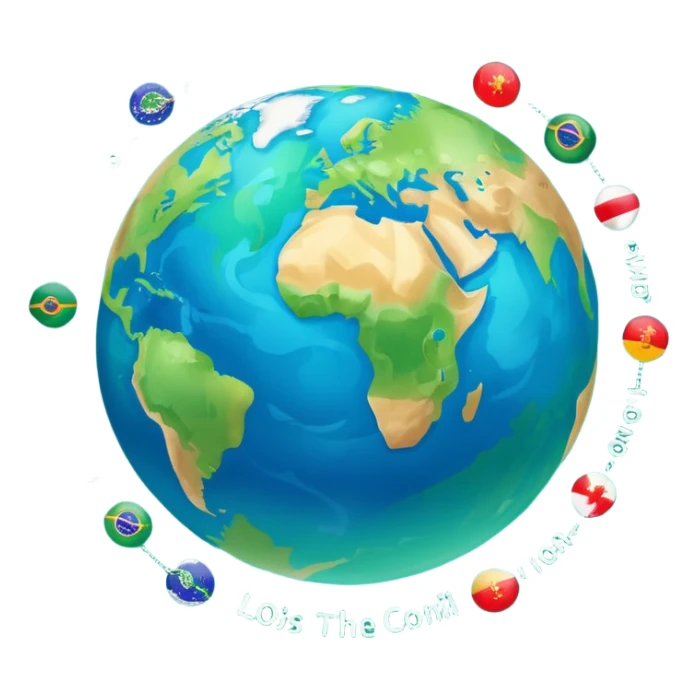 Create a realistic emoji of multiple languages shown by text flying around a earth ball  sticker